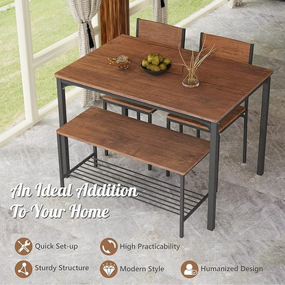 Giantex Dining Table Set for 4, 43" Kitchen Table and Chairs, Dining Bench with Metal Frame & Storage Rack, 4-Piece Modern Functional Desk Set for Dinette, Small Space, Apartment, Restaurant, Brown