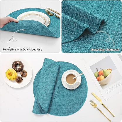 homing 15 Inch Round Cloth Placemats Set of 4, Cotton Linen Blend Washable Table Mats, Farmhouse Dining Place Mats for Indoors & Outdoors, Easy to Clean, Teal