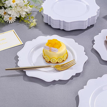 COLOSUS 100pcs 7.5 Inch White Plastic Dessert Plates,Heavy Duty Disposable Appetizer Plates,Premium Plastic Salad Plate,Fancy Disposable Cake Plate for Party, Thanksgiving and Everyday Use