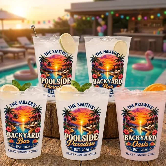 Personalized Poolside Party Cups, Reusable Plastic Cups | Summer Vacation And by PawfectHouseGifts