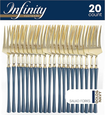 PlasticPro 20 Count Gold and Navy Plastic Salad Forks Premium Quality Heavy Duty Disposable Elegant Silverware Two Tone Salad Forks for Party