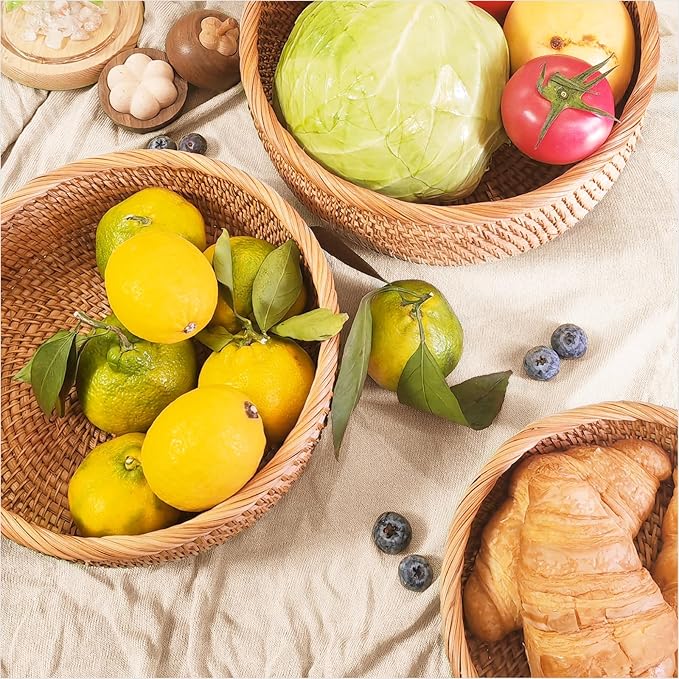Rattan Bread Baskets for Serving, Hand Woven Food Baskets, Natural Wicker Fruit Basket for Kitchen Counter, Decorative Bread Basket for Serving, Fruits, Snacks, Candies, Nuts, Keys, Etc.(Round-Combo)