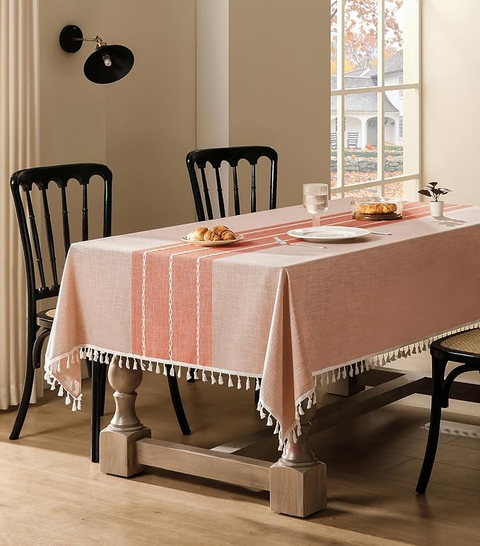 ZeeMart Contrast Linen Table Cloth Rectangle Table Cloths 52x70 Inch Orange, Farmhouse Style Heavy Weight Burnt Orange Fall Tablecloth, Water Resistant Burlap Tablecloths