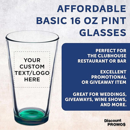 DISCOUNT PROMOS Custom Beer Pint Glasses 16 oz. Set of 10/50/100, Personalized Bulk Pack - Heavy Duty Glassware for Restaurant, Thick Base and Walls, Stackable - Green