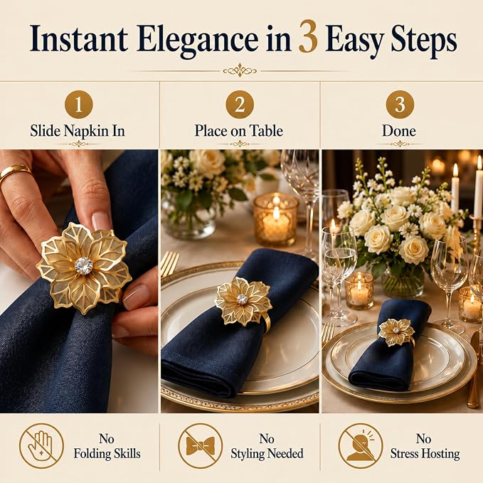 Gold Napkin Rings Set of 12 – Floral Design – Elegant Napkin Ring Holders - Image 5