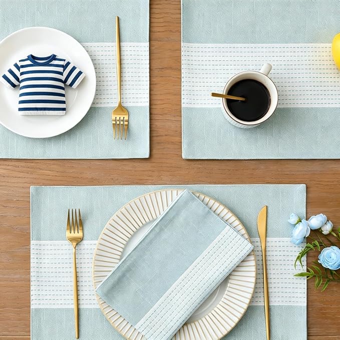 Wracra Linen Placemats Set of 6, Aqua Blue Place Mats - Image 6