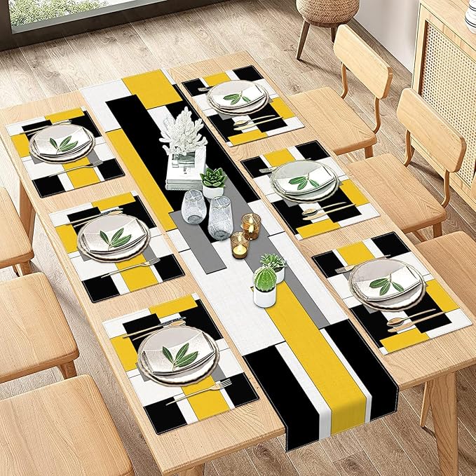 Table Runner and Placemats Set of 6, Abstract Geometric | Yellow Black Grey Art by ArtSocket