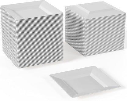 Exquisite Mini Disposable Appetizer Plates - 100 Pack 4.5 In. x 4.5 In. White Plastic Dessert Plates - Elegant Design for Weddings, Birthdays, and Formal Parties - Stackable and Convenient - BPA Free