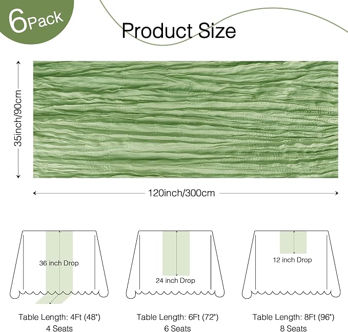 6 Pack Sage Green Cheesecloth Table Runner Boho Gauze Home Decor | 120 Inch - Image 7