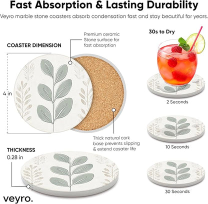 VEYRO Ceramic Coasters Set of 4 – Absorbent Stone Drink Coasters with Holder, Non-Slip Cork Backing, Modern Marble Look Coasters for Coffee Table, Desk & Home Decor