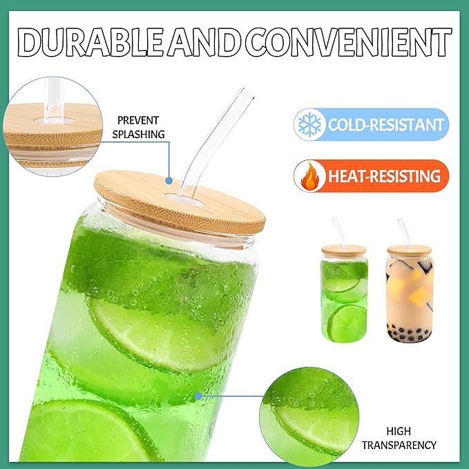 Joyclub 12Pcs Glass Cups with Bamboo Lids and Straws Bulk 16 oz Can Shaped | - Image 4
