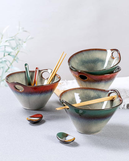 HENXFEN LEAD Japanese Ramen Noodle Bowl Set of 2-30 Oz Large Porcelain Salad Bowls with Chopsticks, Soup Spoons and Rests, Kitchen Serving Dishes for Pho, Udon - Reactive Green