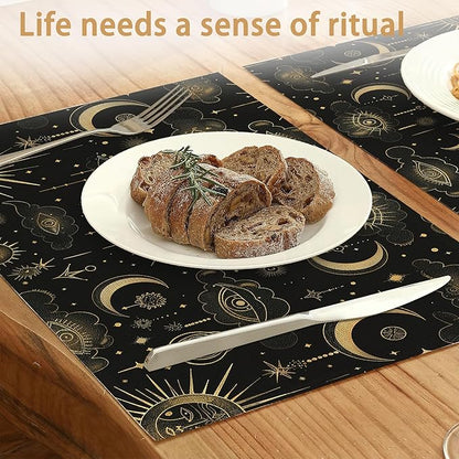 Placemats Set of 6,Moon Sun Table Mats,Vintage Boho Washable Linen Table Mats,Non-Slip Heat Resistant Placemats for Party Kitchen Dining Indoor Outdoor 12"x18"
