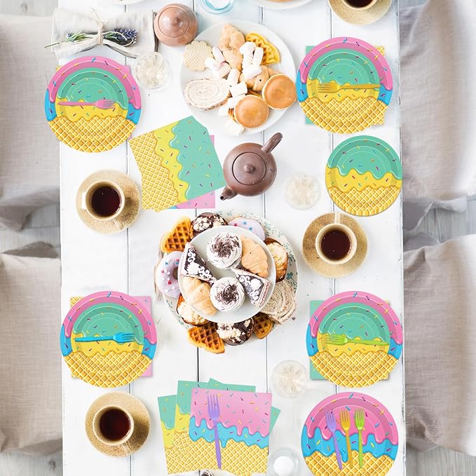 100 Pcs Ice Cream Cone Party Supplies Set, Serves 25 – Disposable Paper Plates - Image 7