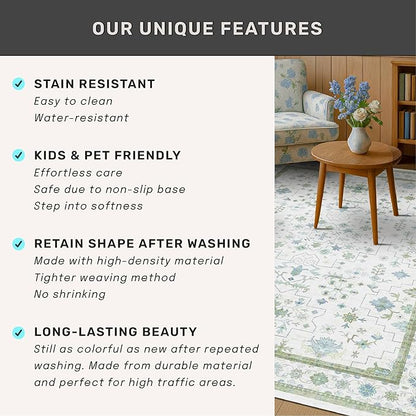 Cream Oushak 6x8 Bedroom Rug - Boho Floral Cool Blue and Green, Washable Low Pile Non-Slip Ultra-Thin Large Area Rugs for Bed Room, Living Room