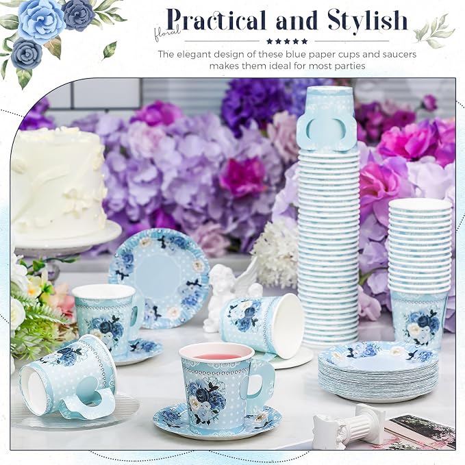 Nuogo 200 Pcs Floral Paper Tea Cups and Saucers 7 oz Disposable Paper Teacups - Image 4