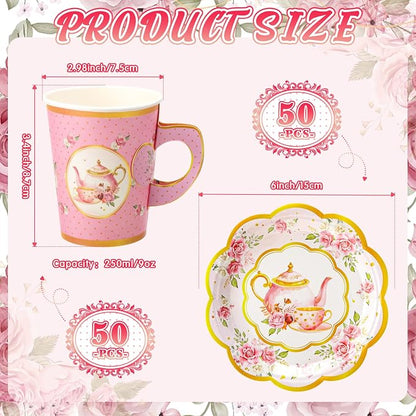 Tioncy 100 Pcs Tea Party Decorations Include 50 Pieces 9 oz Paper Tea Cups - Image 2