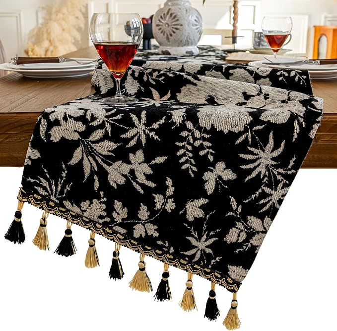 Floral Botanical Table Runner 13 x 48 Inch Black | Jacquard Flower, by HomeyHo