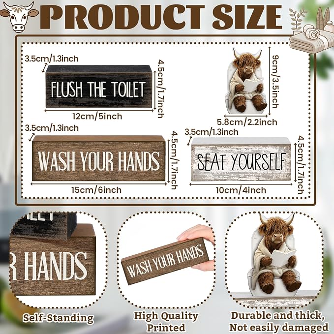 Moucuny 4 Pcs Highland Cow Bathroom Decor Set Funny Rustic Wooden Tiered Tray - Image 3