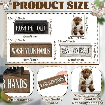 Moucuny 4 Pcs Highland Cow Bathroom Decor Set Funny Rustic Wooden Tiered Tray - Image 3
