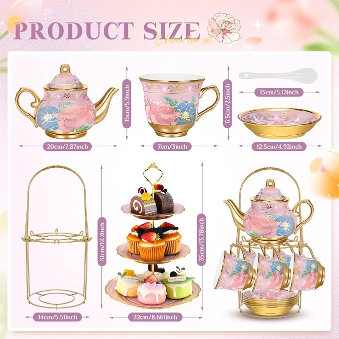 21 Pcs Ceramic Teapot Set Vintage Porcelain Tea Cups - Image 2