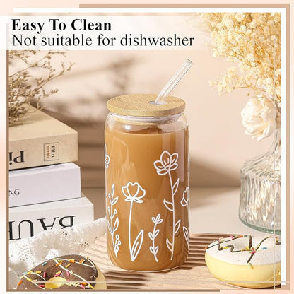 Mumufy 1 Pack Glass Cups Gift Aesthetic Cute Glass Cup Tumbler Flower Iced - Image 4
