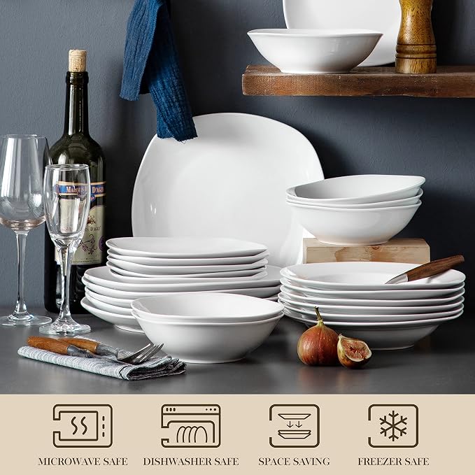 MALACASA Dinnerware Sets, 24-Piece Porcelain Square Dishes, Chip and Scratch - Image 3