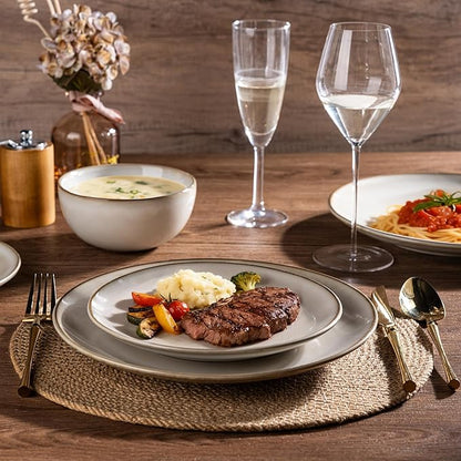 AmorArc Stoneware Dinnerware Sets for 6, 18 Pieces Handpainted Ceramic Plates and Bowls Set, Scratch Resistant Dishes Set, Dishwasher & Microwave Safe, Cappuccino