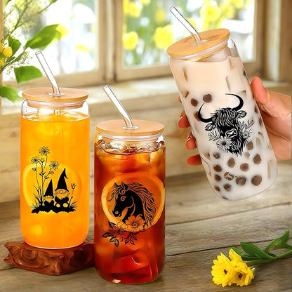 Cute Horse Glass Cup With Lids And Straws, Horse Gift For Women, Iced, Coffee, Smoothie, Cocktail, Beer, Whiskey, Soda, Matcha,16 Oz, Home Office Table Desk Decoration!