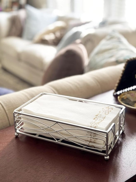 Elegant Sturdy Guest Napkin Holder | Silver | Disposable Paper Hand Towel Storage Tray Caddy | Premium Quality | Bathroom Kitchen Dining Table Wedding Party Hotel Office décor