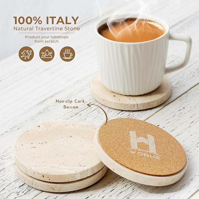 Natural Travertine Marble Coasters Set of 4-4" Round Stone Drink Coasters - Image 4