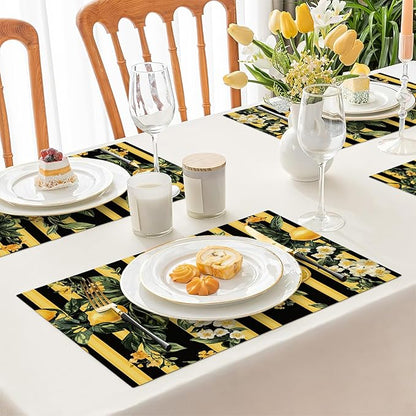 Lemon Placemats Set of 6, Yellow Lemon Place Mats, Fruit Waterproof Washable Table Mats for Home Party Indoor Kitchen Dining Table Decoration 12x18 Inch