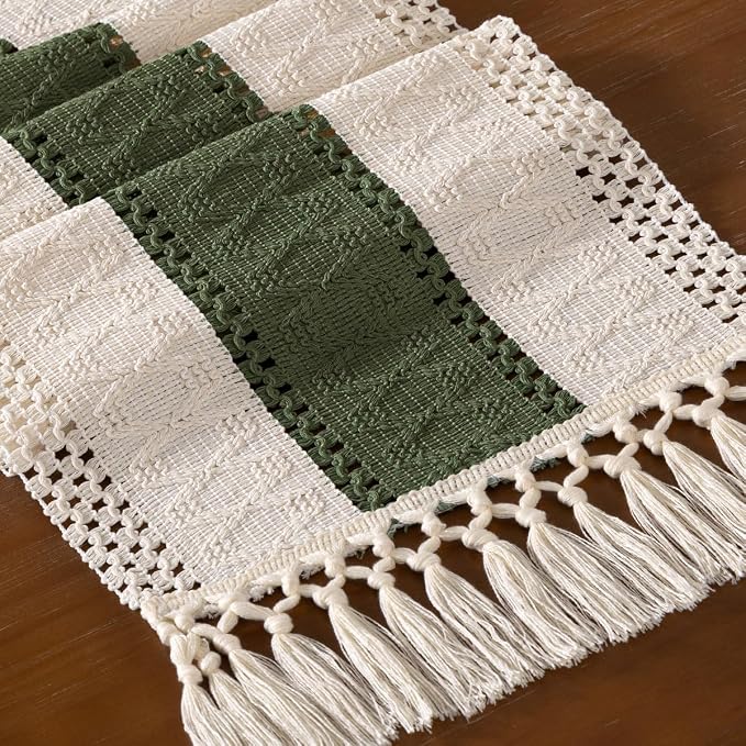 DeZerlor Ivory&Olive Green Boho Macrame Farmhouse Woven Table Runner 60Inch | - Image 5