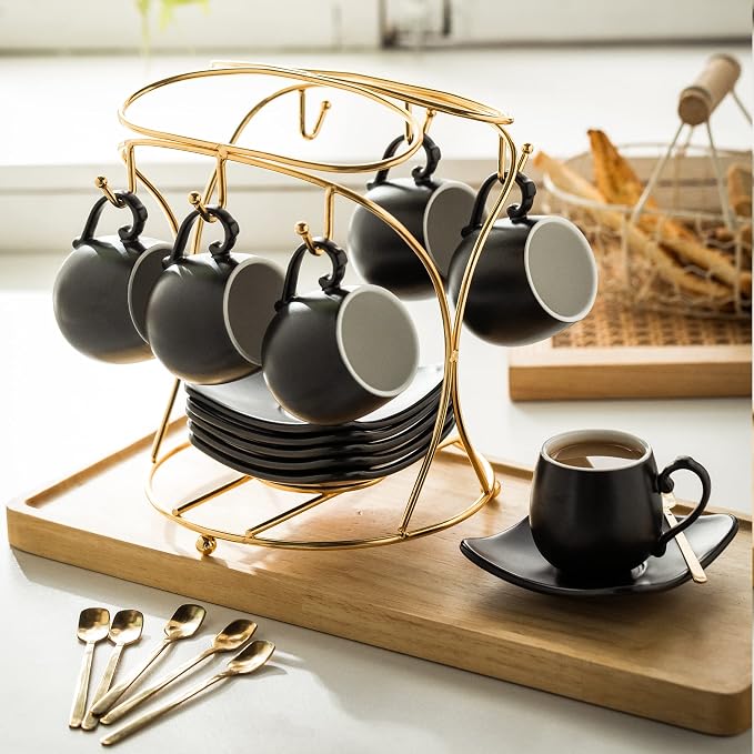 LYEOBOH Espresso Cups with Saucers Set, 3 Ounces Porcelain Coffee Cups with - Image 4