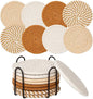 8 Pcs Drink Coasters with Holder, Handwoven Cotton Coasters Set Stackable Absorbent Minimalist Home Decor for Table, Cup, Mug (Brown and White)