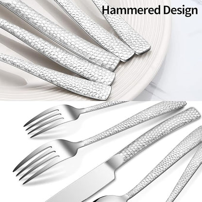 20-Piece Silverware Set, Silver Hammered Stainless Steel Flatware Sets for 4, Food-Grade Tableware Set, Including Fork Knife Spoon Set, Home Kitchen Cutlery Sets, Dishwasher Safe