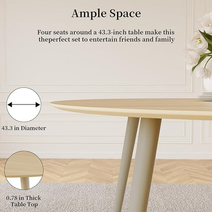 43.3 Inch Round Dining Table Set for 4, Modern Small Kitchen Coffee Set for Dining Room Kitchen Apartment (Cream Table + 4 Brown Chairs)