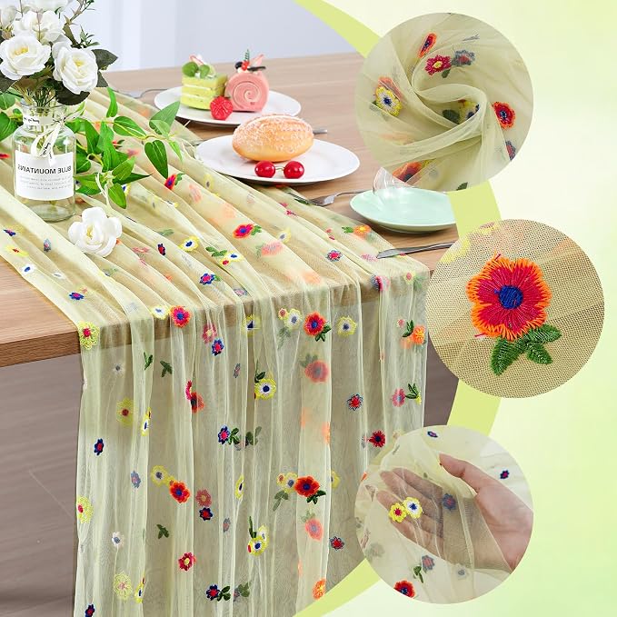 BINBE 1pcs Daisy Spring Table Runner Embroidery Gauze 10FT Florals Seasonal - Image 3