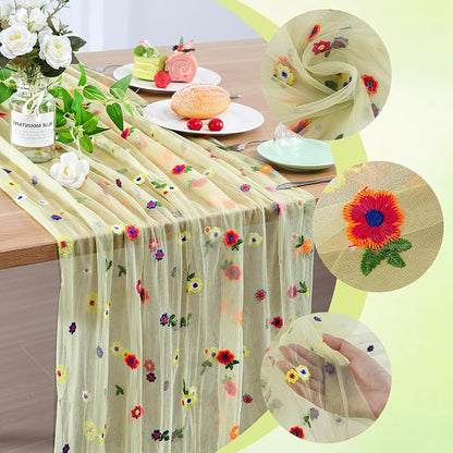 BINBE 1pcs Daisy Spring Table Runner Embroidery Gauze 10FT Florals Seasonal - Image 3