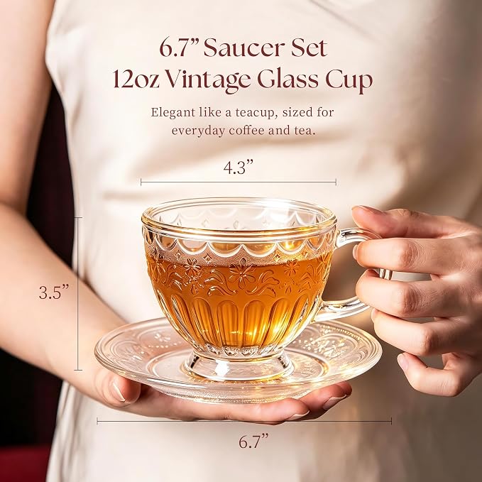 Vintage Glass Tea Cup and Saucer Set, 12 oz Large Coffee Cup | Handcrafted - Image 6