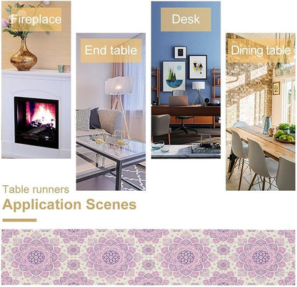 Purple Pink Mandala Table Runner, Traditional Indian Boho Mandala Flowers Print - Image 5