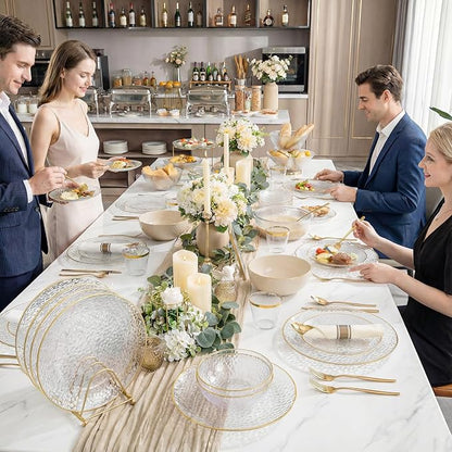 Rubtlamp 700Pcs Gold Plastic Dinnerware Set, Hammered Clear Gold Plates, Fancy Plastic Plates Include 100 Dinner Platos,100 Salad Platos,100 Cups,100 Pack Pre Rolled gold plastic Silverware