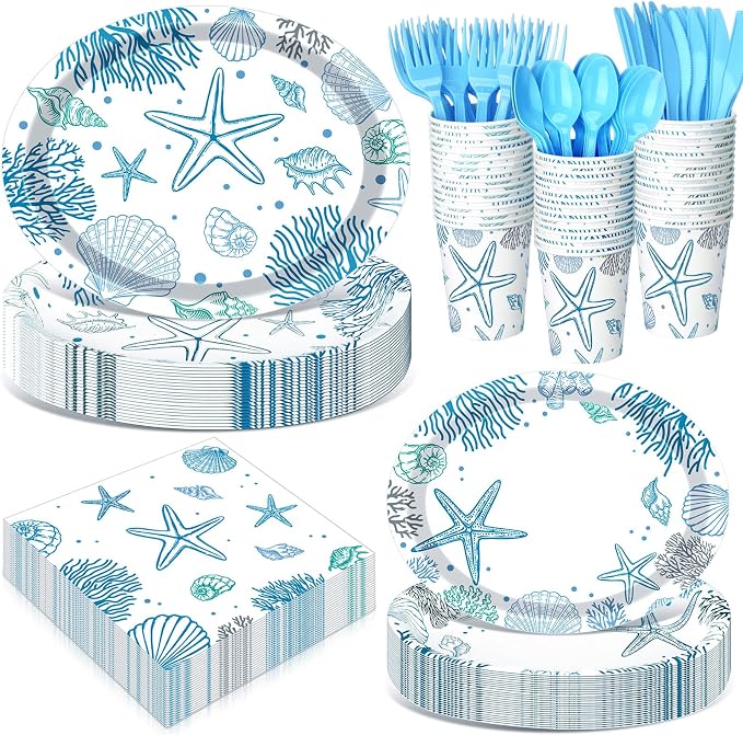 350 Pcs Ocean Seashell Party Decorations 12 in Summer Disposable Oval Plates by Pajean