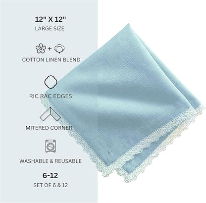 Fingercraft Dinner Cloth Napkin Cotton Linen Blend 12 Pack 12In Mitered Corners with Elegant Lace for Everyday Use Napkins Cloth are Pre Shrunk and Good Absorbency Sky Blue