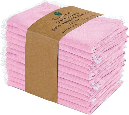 Fingercraft Dinner Cloth Napkin Cotton Linen Blend 12 Pack 12In Mitered Corners with Elegant Lace for Everyday Use Napkins Cloth are Pre Shrunk and Good Absorbency Pastel Rose