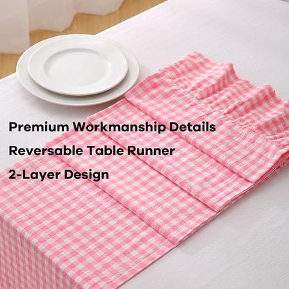 Coral Pink White Plaid Gingham Ruffle Table Runner 108 inches Long 100% Washed - Image 5