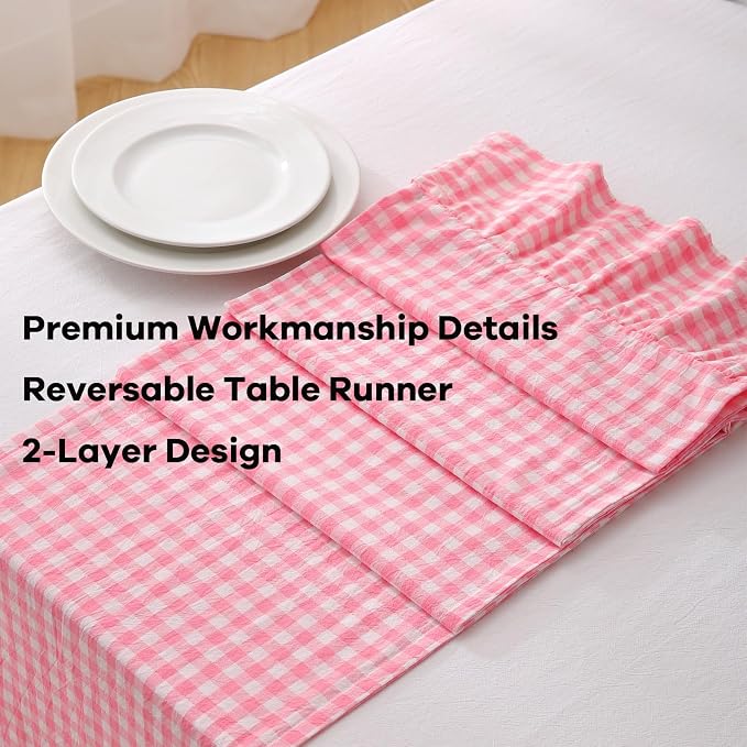 Coral Pink White Plaid Gingham Ruffle Table Runner 120 inches Long 100% Washed - Image 5