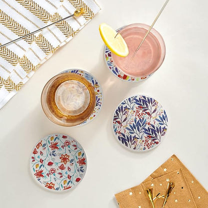 AD Set of 6 Coasters for Drinks Absorbing Round Ceramic Stone Coaster with Cork Base Tabletop Protection Mat for Mugs and Cups,Office,Kitchen (Watercolor Flowers with Rose Gold Holder)