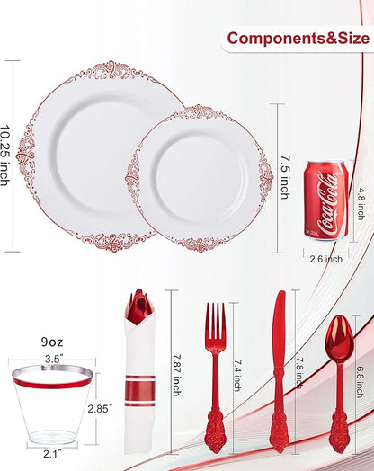Nervure 350PCS Red Plastic Plates - White Red Plastic Dinnerware Set for 50 Guests - 100 Red Disposable Plates, 50 Pre Rolled Cutlery Set, 50 Cups Perfect for Wedding & Party & Valentine