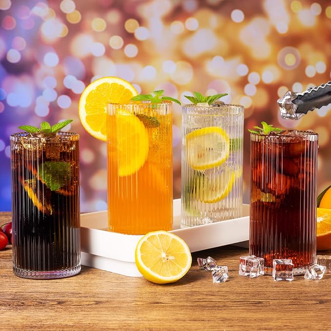 Ribbed Glassware Vintage Drinking Glasses 6Pcs -13OZ Clear Ribbed Drinking - Image 3